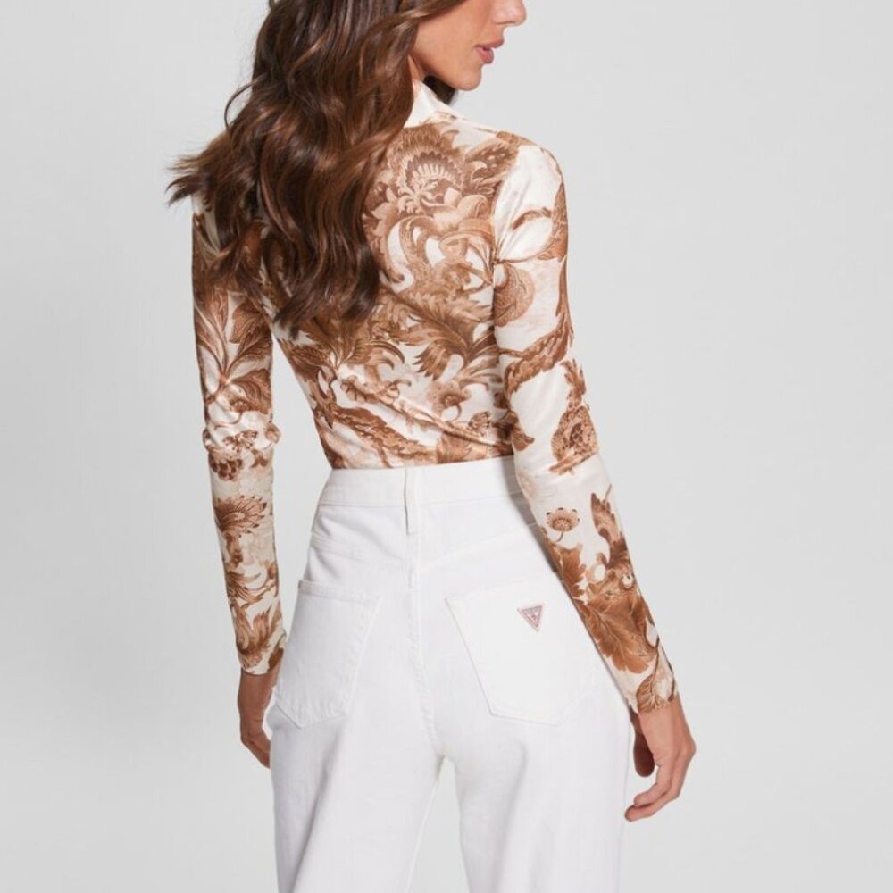 Guess Milana Floral Print Ruched Snap Front Top Brown Long Sleeve Shirt Small - Picture 8 of 8